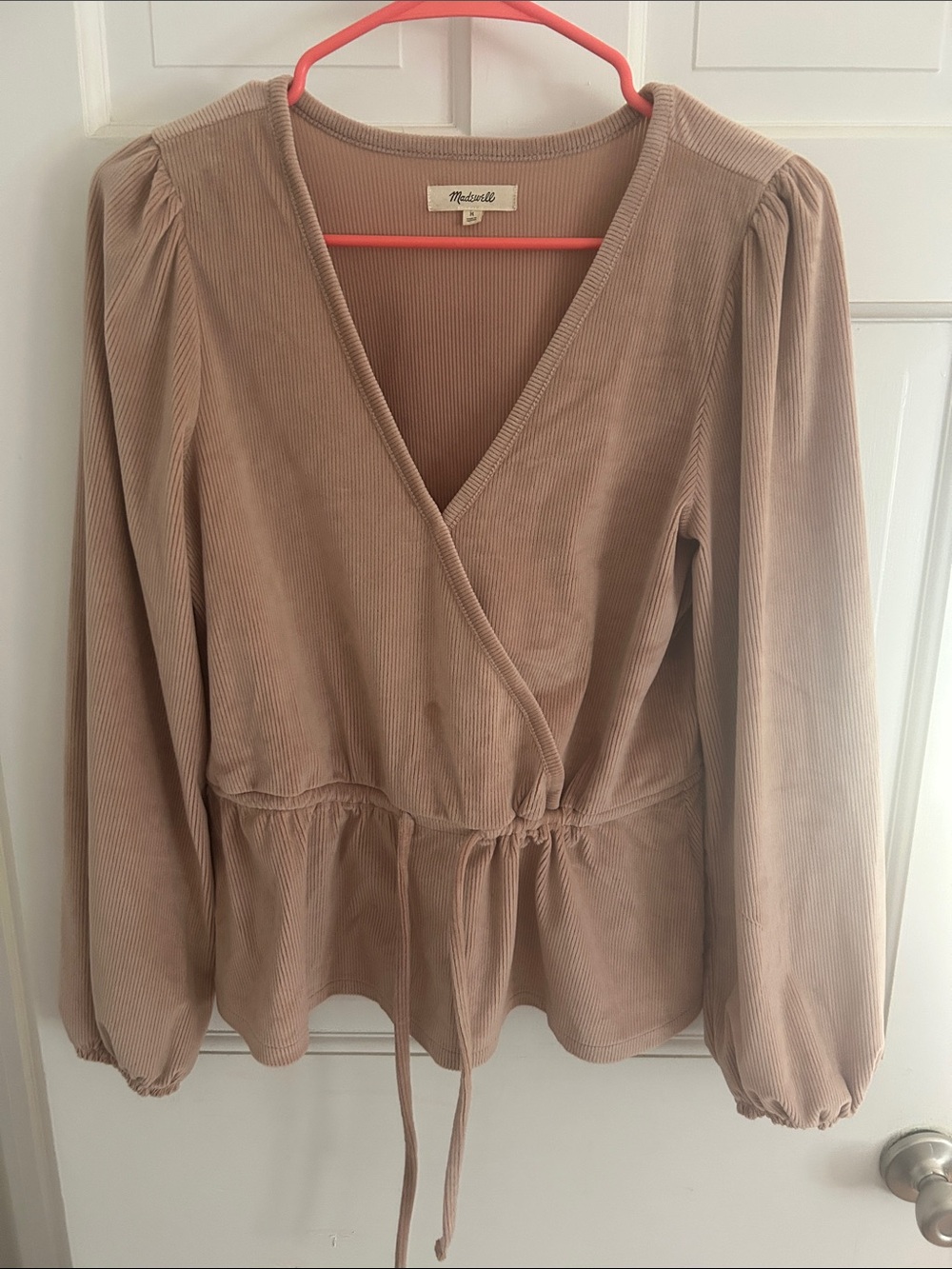 Madewell Taupe Corduroy Wrap Blouse with Drawstring